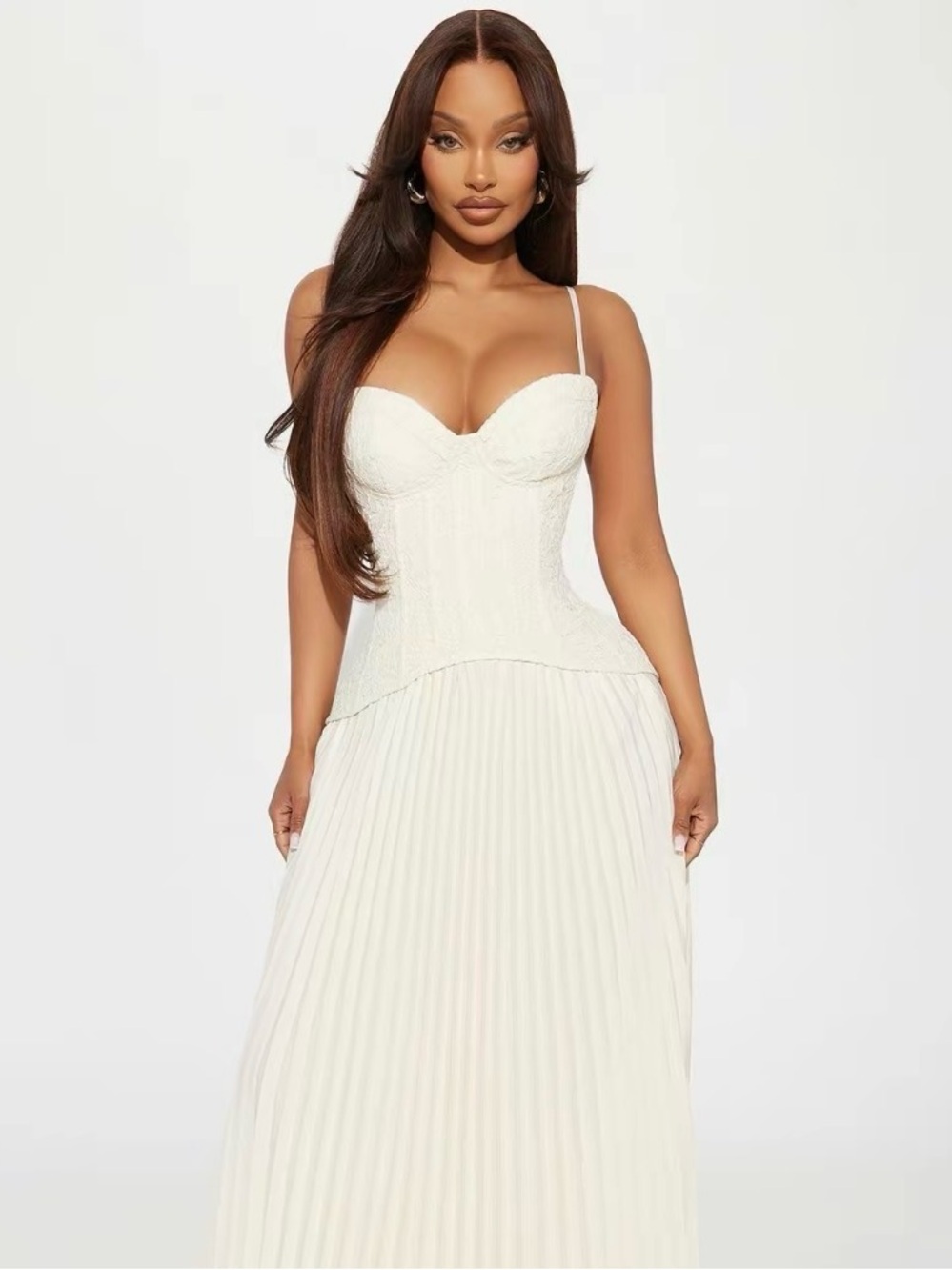 New with tags — Fashion Nova ￼Daniella Lace Corset Pleated Maxi Dress - Cream 3X
